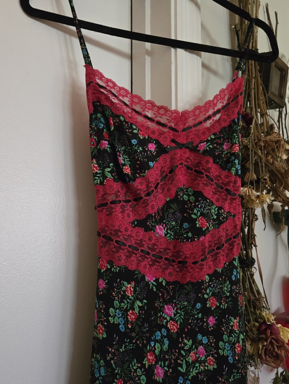 Betsey Johnson Slip Style Lace Panel Floral Midi Dress Md - Picture 2 of 7
